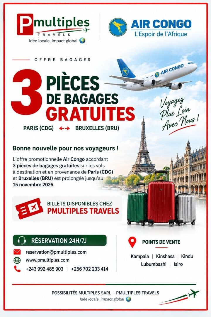 Air Congo : 3 pièces de bagages gratuites Paris et Bruxelles jusqu'au 15 novembre 2026