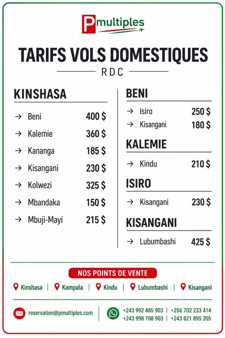 Tarifs des vols domestiques en RDC